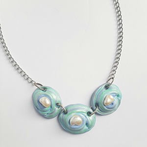 Ovális három korongos lánc tenyésztett gyönggyel - türkíz - ékszer - nyaklánc - statement nyaklánc - Meska.hu