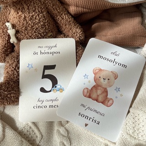 Magyarspanyol letölthető, nyomtatható mérföldkő kártya, fiú kék mackó digitális PDF (Tarjetas de hitos bilingües) - művészet - grafika & illusztráció - digitális - Meska.hu