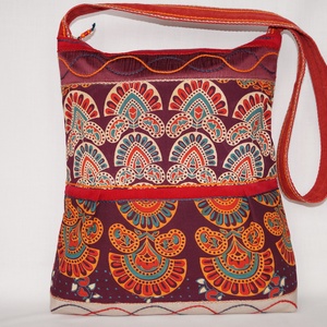 Tűznyelv, bordó-narancs, 2 oldalt, különböző mintával díszített, nagy méretű válltáska -  - Meska.hu