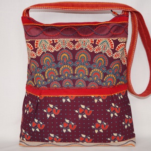 Tűznyelv, bordó-narancs, 2 oldalt, különböző mintával díszített, nagy méretű válltáska -  - Meska.hu