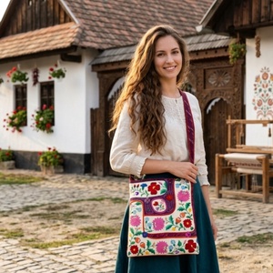 Színes, kézzel hímzett, kalocsai virágos, mályva, sárga, közepes méretű, cipzáros egyedi női válltáska belső zsebekkel  - táska & tok - kézitáska & válltáska - vállon átvethető táska - Meska.hu