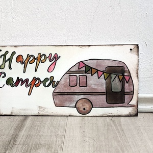 Happy Camper tábla, ajtóra,falra, Otthon & Lakás, Dekoráció, Kép & Falikép, Táblakép, Festett tárgyak, MESKA