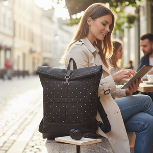 #HME1 Fekete fehér pöttyös vízhatlan rolltop hátizsák, Táska & Tok, Laptoptáska, laptop hátizsák, , MESKA