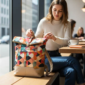 #HMG24 Blaur bézs türkiz geometriai mintás vízhatlan rolltop hátizsák, Táska & Tok, Laptoptáska, laptop hátizsák, , MESKA