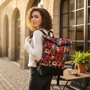 #HMV30 Blaur fekete alapon piros virágos vízhatlan rolltop hátizsák  - Meska.hu