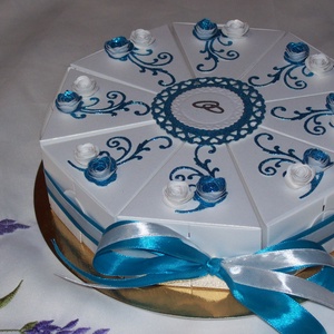 Nászajándék átadó torta: fehér-türkiz-ezüst - otthon & életmód - papír, írószer - ajándékozás kellékei - papírtorta - Meska.hu