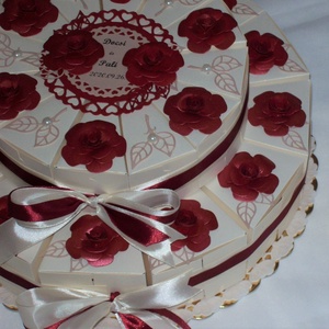 Pénzajándék átadó torta- emeletes, törtfehér-burgundi vörös - esküvő - emlék & ajándék - nászajándék - Meska.hu