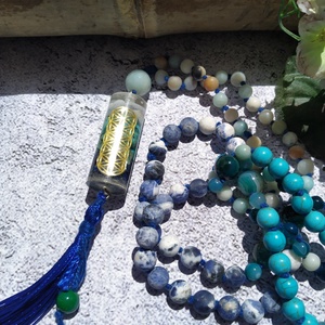ORGONIT mala 108 szemes, kalcedon, türkiz és lapis lazuli medállal, türkiz, achát, amazonit, szodalit ásványokkal - otthon & életmód - dekoráció - spiritualitás - mala - Meska.hu