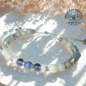 Meditáció és relax dumortierit, aura kvarc, amazonit és hegyikristály karkötő - ékszer - karkötő - gyöngyös karkötő - Meska.hu