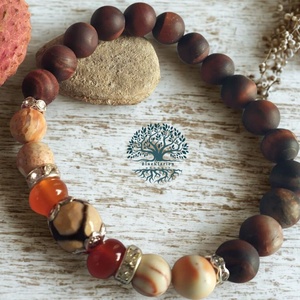 Kiegyensúlyozottság és akaraterő karkötő Dzi acháttal, tigrisszem, karneol és regalit ásvánnyal - ékszer - karkötő - gyöngyös karkötő - Meska.hu