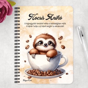 Személyre szabható - Mosolygós Kávés lajhár mintás A5-ös füzet - otthon & életmód - papír, írószer - jegyzetfüzet & napló - Meska.hu