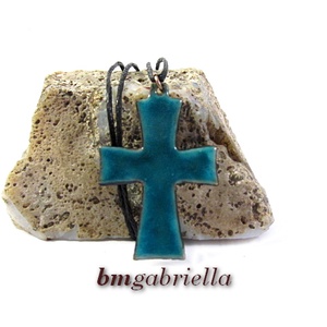 Kereszt - tűzzománc medál - türkiz - ékszer - nyaklánc - medál - Meska.hu