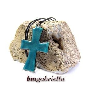 Kereszt - tűzzománc medál - türkiz - ékszer - nyaklánc - medál - Meska.hu