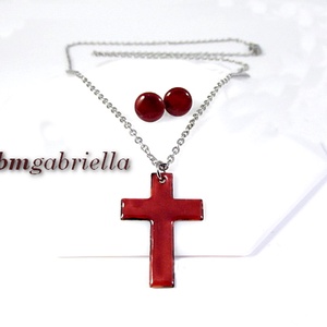 Tűzzománc ékszerszett - kereszt medál orvosi fém láncon és pontfülbevaló - bordó - Meska.hu
