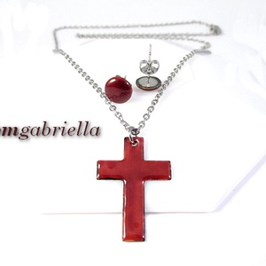 Tűzzománc ékszerszett - kereszt medál orvosi fém láncon és pontfülbevaló - bordó - ékszer - ékszerszett - Meska.hu