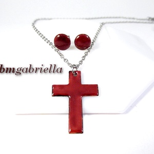 Tűzzománc ékszerszett - kereszt medál orvosi fém láncon és pontfülbevaló - bordó - ékszer - ékszerszett - Meska.hu