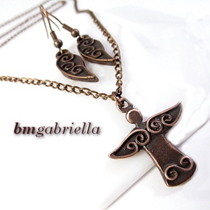 Kisangyal - kézműves ékszerszett - angyal medál vörösréz láncon, angyalszárny fülbevaló - ékszer - ékszerszett - Meska.hu