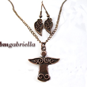 Kisangyal - kézműves ékszerszett - angyal medál vörösréz láncon, angyalszárny fülbevaló - ékszer - ékszerszett - Meska.hu