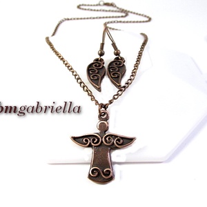 Kisangyal - kézműves ékszerszett - angyal medál vörösréz láncon, angyalszárny fülbevaló - Meska.hu