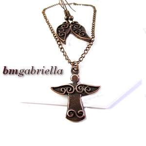 Kisangyal - kézműves ékszerszett - angyal medál vörösréz láncon, angyalszárny fülbevaló - ékszer - ékszerszett - Meska.hu