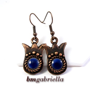 Tulipán - kézműves lógós fülbevaló sötétkék tűzzománc betéttel, Ékszer, Fülbevaló, Lógó fülbevaló, Ékszerkészítés, Tűzzománc, MESKA