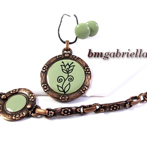 Tűzzománc ékszerszett - világoszöld pötty fülbevaló, tulipán medál, karkötő - ékszer - ékszerszett - Meska.hu