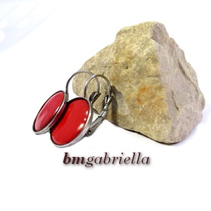 Tűzzománc fülbevaló - nemesacél, orvosi fém fülbevaló francia kapoccsal, piros tűzzománc betéttel - ékszer - fülbevaló - lógó fülbevaló - Meska.hu