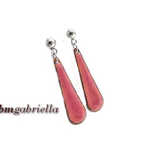 Rózsaszín csepp - tűzzománc bedugós fülbevaló orvosi fém tűvel és stopperrel - ékszer - fülbevaló - lógó fülbevaló - Meska.hu