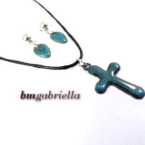 Tűzzománc ékszerszett - sötét türkiz kereszt medál és bedugós csepp fülbevaló - Meska.hu