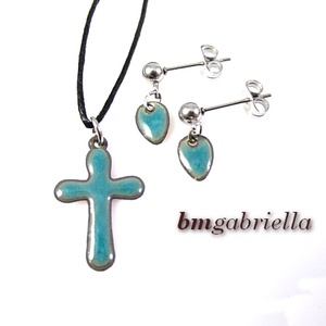 Tűzzománc ékszerszett - világoskék kereszt medál és bedugós csepp fülbevaló - Meska.hu