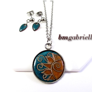 Kelő nap - tűzzománc ékszerszett, orvosi fém nyaklánc, bedugós fülbevaló - Meska.hu