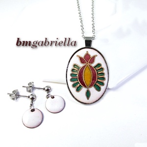 Nyíló tulipán ékszerszett- egyedi tűzzománc nyaklánc és fehér, lógós fülbevaló - Meska.hu