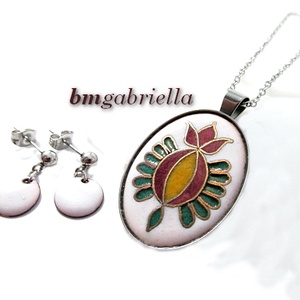 Nyíló tulipán ékszerszett- egyedi tűzzománc nyaklánc és fehér, lógós fülbevaló - ékszer - ékszerszett - Meska.hu