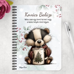 Személyre szabható - Cuki téli borz egy kávéval mintás A6-os füzet - otthon & életmód - papír, írószer - jegyzetfüzet & napló - Meska.hu