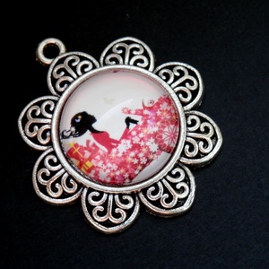 Lány virágos autóval üveglencsés medál - ékszer - nyaklánc - medál - Meska.hu