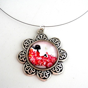 Lány virágos autóval üveglencsés medál - ékszer - nyaklánc - medál - Meska.hu