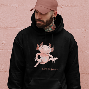 Pamut kapucnis pulóver axolotl grafikával, this is fine felirattal - ruha & divat - férfi ruha - férfi pulóver - Meska.hu