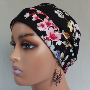 Sapka - Kemoterápiás sapka - fekete, cseresznyevirágos - daganatos kezelések idejére - ruha & divat - sál, sapka, kendő - kendő - Meska.hu
