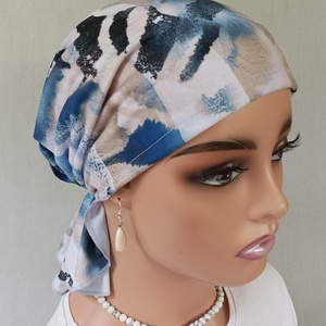 Kendő - Kemoterápiás kendő - kék-drapp-fekete, pamut fejkendő - kemoterápiás kezelések idejére daganatos betegeknek is - ruha & divat - sál, sapka, kendő - kendő - Meska.hu