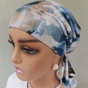 Kendő - Kemoterápiás kendő - kék-drapp-fekete, pamut fejkendő - kemoterápiás kezelések idejére daganatos betegeknek is - ruha & divat - sál, sapka, kendő - kendő - Meska.hu