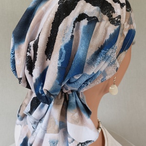 Kendő - Kemoterápiás kendő - kék-drapp-fekete, pamut fejkendő - kemoterápiás kezelések idejére daganatos betegeknek is - ruha & divat - sál, sapka, kendő - kendő - Meska.hu