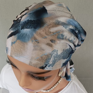 Kendő - Kemoterápiás kendő - kék-drapp-fekete, pamut fejkendő - kemoterápiás kezelések idejére daganatos betegeknek is - ruha & divat - sál, sapka, kendő - kendő - Meska.hu