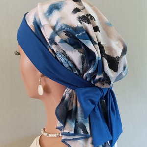 Kendő - Kemoterápiás fejkendő - királykékmasnis, mintás, pamut kendő - paróka helyett - daganatos kezelések idejére is - ruha & divat - sál, sapka, kendő - kendő - Meska.hu