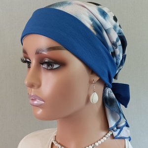 Kendő - Kemoterápiás fejkendő - királykékmasnis, mintás, pamut kendő - paróka helyett - daganatos kezelések idejére is - ruha & divat - sál, sapka, kendő - kendő - Meska.hu