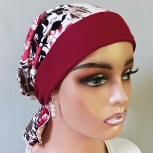 Kendő - Kemoterápiás fejkendő - bordó masni, mintás, pamut kendő - paróka helyett - daganatos kezelések idejére is, Ruha & Divat, Sál, Sapka, Kendő, Kendő, Varrás, MESKA