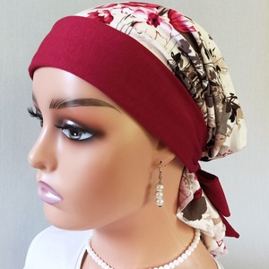 Kendő - Kemoterápiás fejkendő - bordó masni, mintás, pamut kendő - paróka helyett - daganatos kezelések idejére is - ruha & divat - sál, sapka, kendő - kendő - Meska.hu