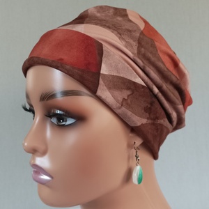 Sapka - Kemoterápiás sapka -, rozsdavörös-barna mintás - paróka helyett -, daganatos kezelések idejére is - ruha & divat - sál, sapka, kendő - kendő - Meska.hu