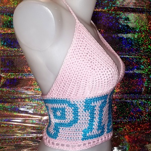 PINK feliratos croptop, Ruha & Divat, Női ruha, Póló, felső, Horgolás, MESKA