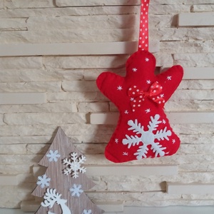 Filc karácsonyfadísz - hópelyhes, piros angyalka - karácsony - karácsonyi lakásdekoráció - karácsonyfadíszek - Meska.hu