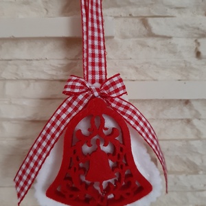 Filc karácsonyi dísz szett - kockás és pöttyös harangok - karácsony - karácsonyi lakásdekoráció - karácsonyfadíszek - Meska.hu